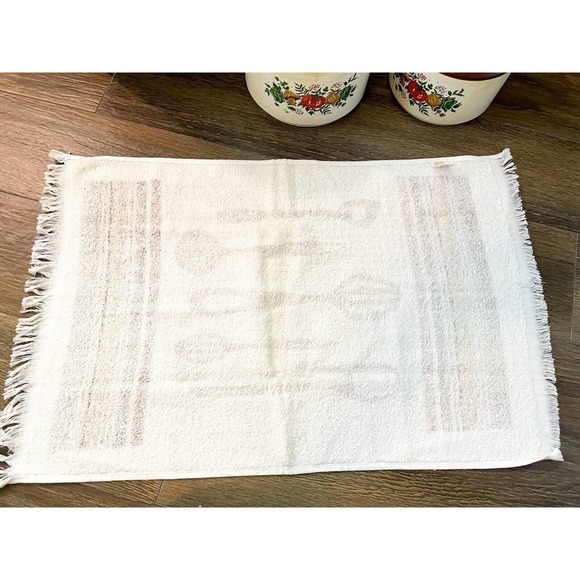 VINTAGE Kitchen Towel 80s White Brown Fringe Dish Hand Deadstock - Picture 2 of 6